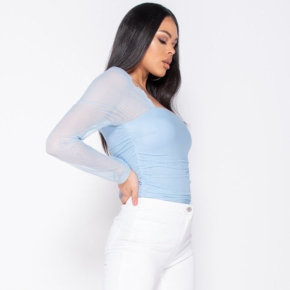 Sweet Nothings Blue Sheer Sleeve Bodysuit - Picture 2 of 9